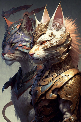 two cats wearing armor and armor
