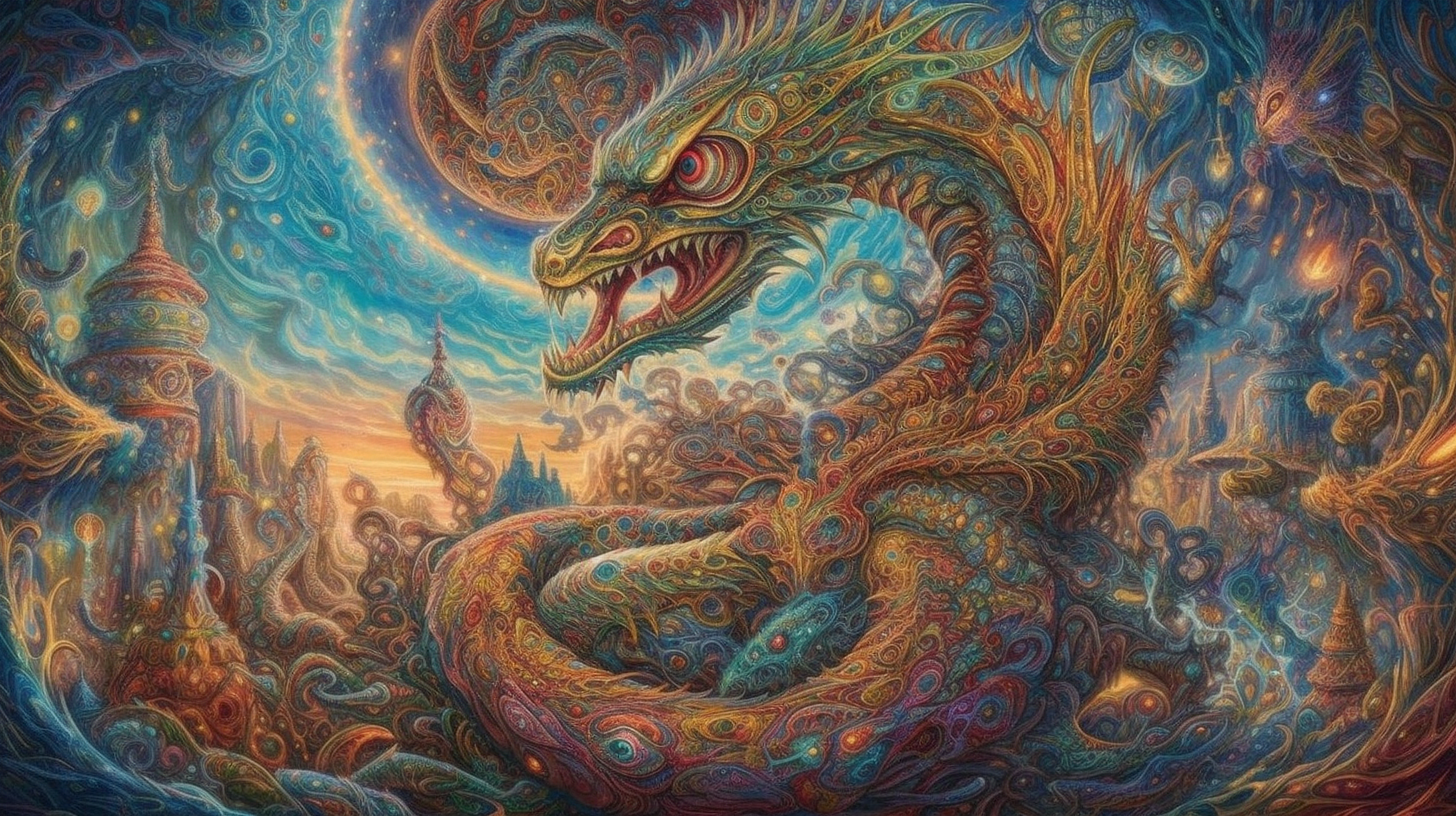 a colorful dragon with a large mouth