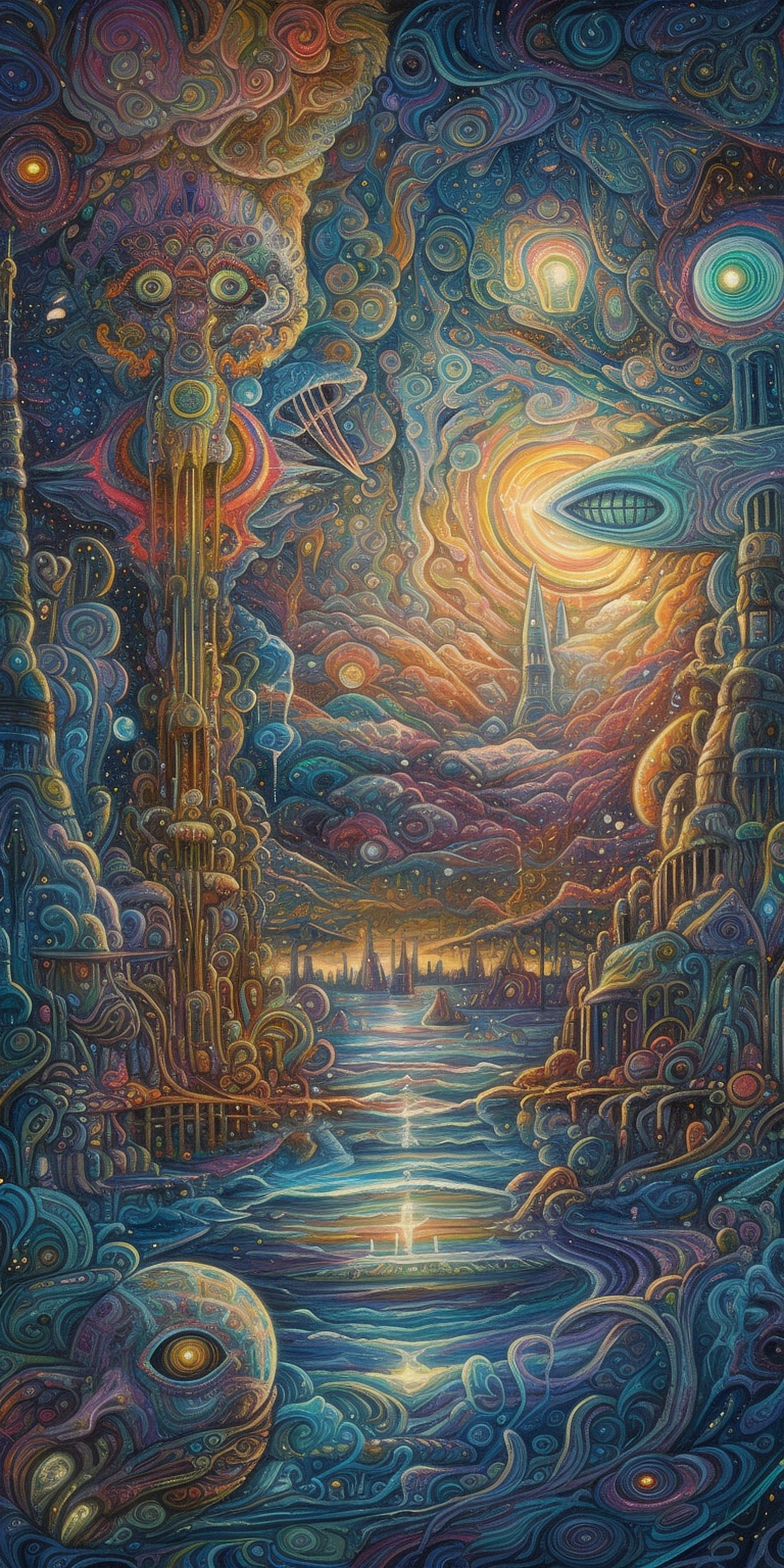 a colorful landscape with a river and a city