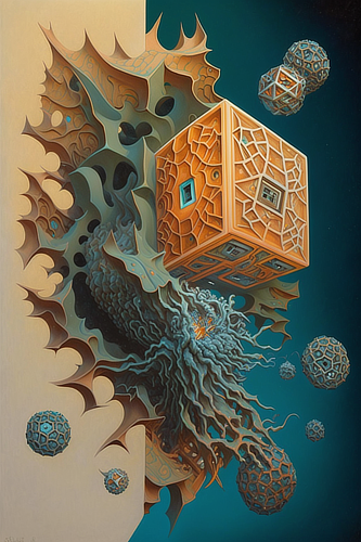a painting of a cube with a strange creature