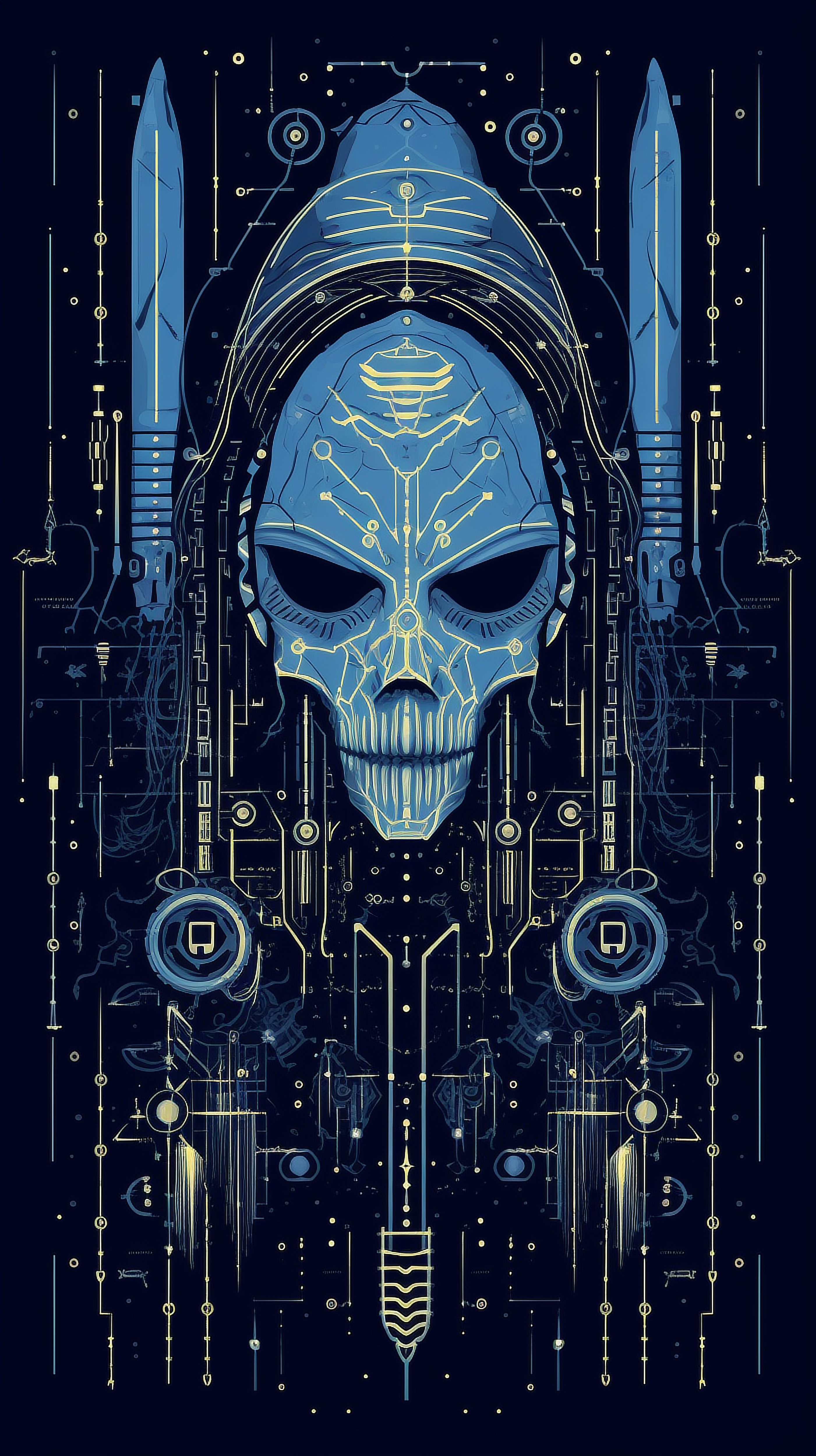 a blue skull with wires and lines