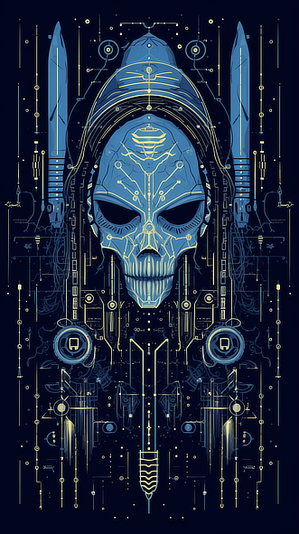 a blue skull with wires and lines
