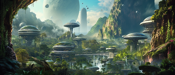 a landscape with a city and mountains