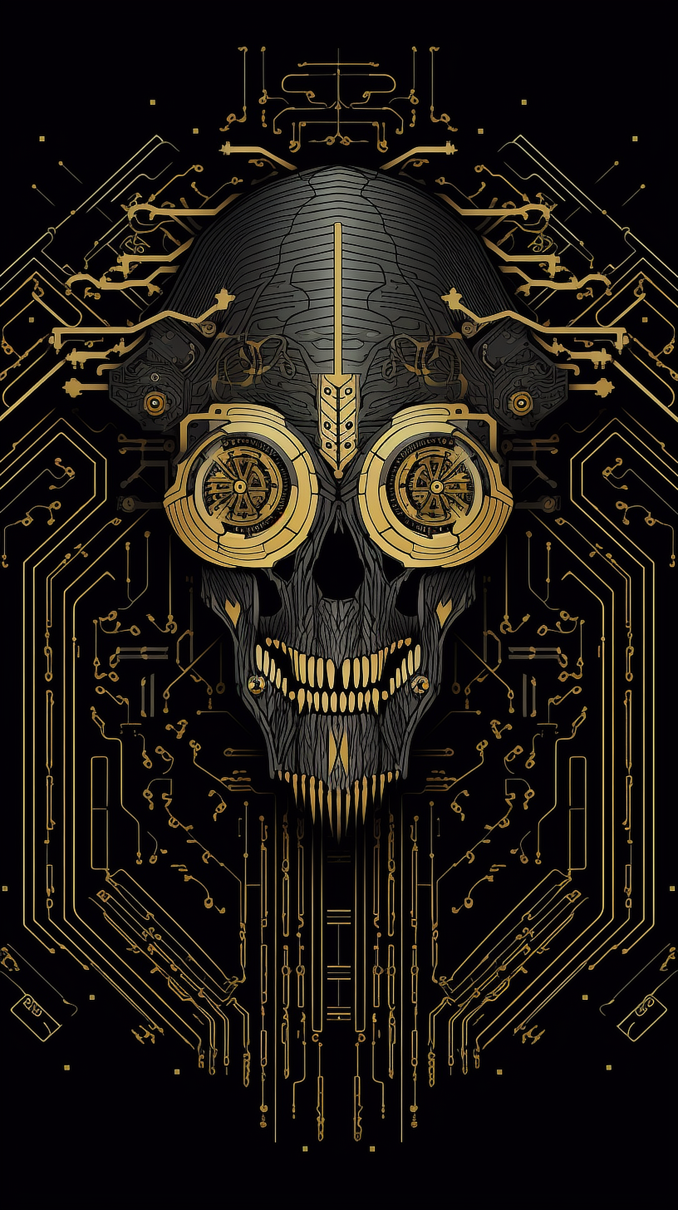 a skull with gold and black lines