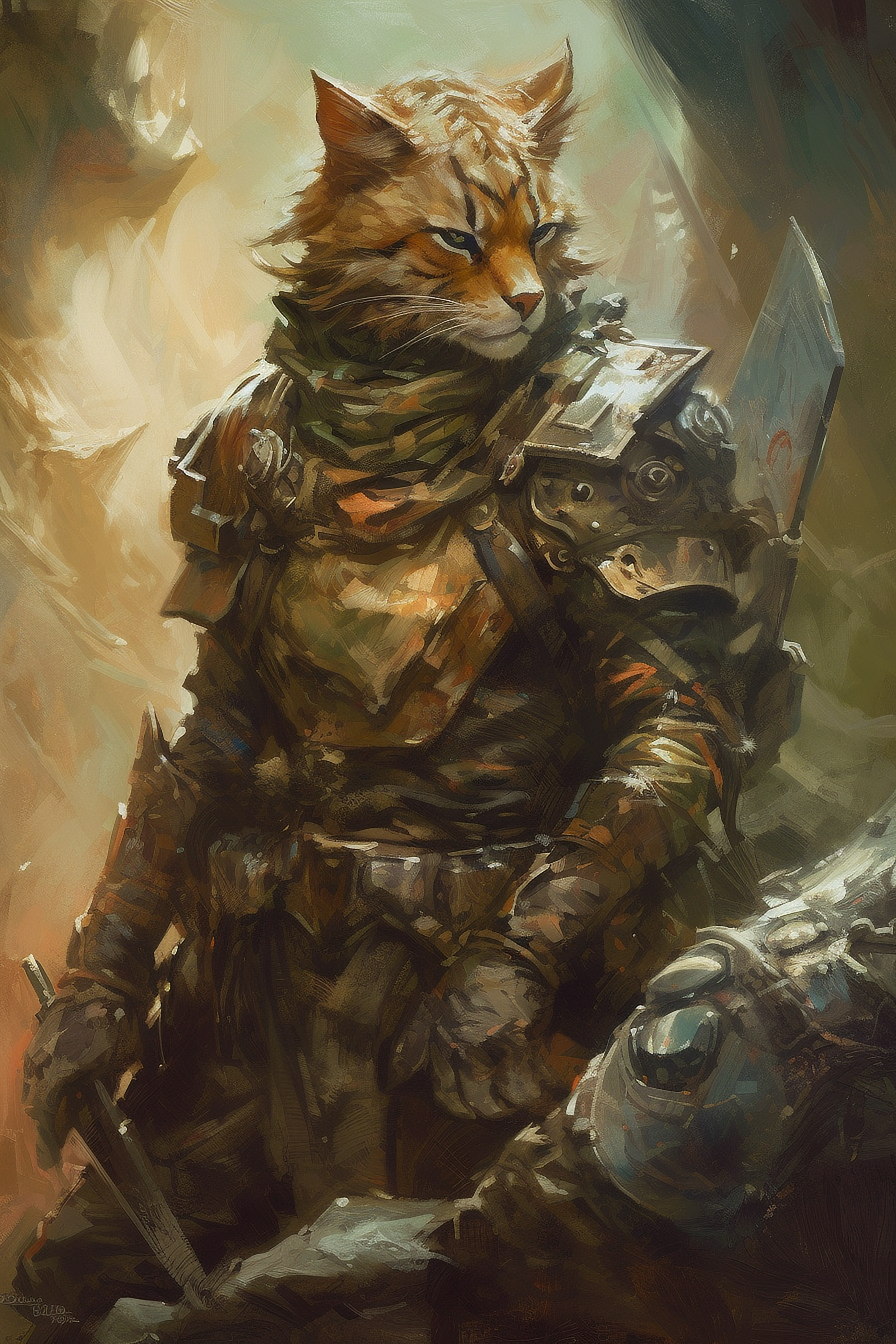 a cat in armor with a sword
