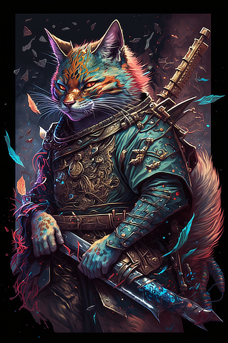 a cat in armor holding a sword