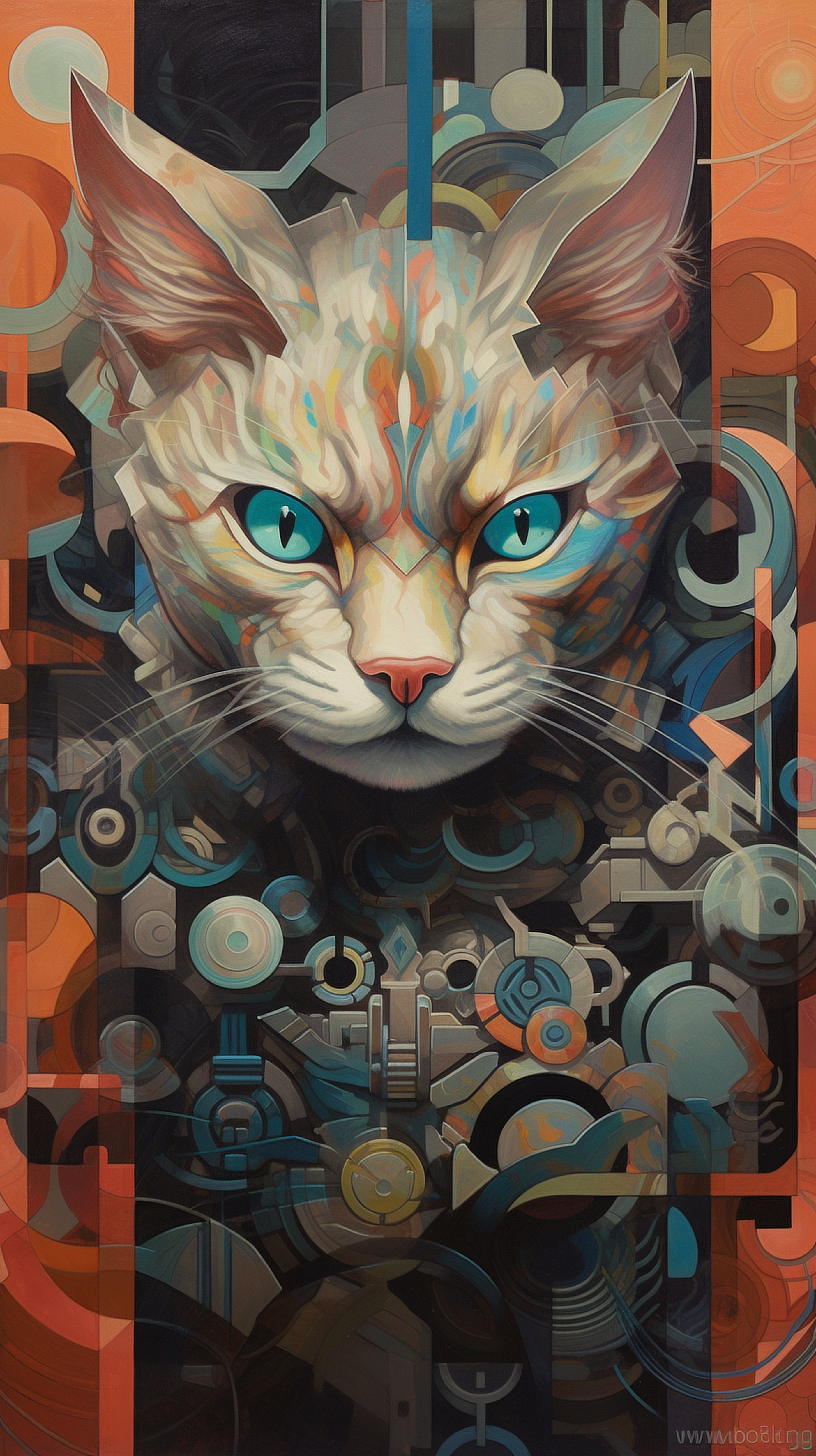 a cat with blue eyes and a circular pattern