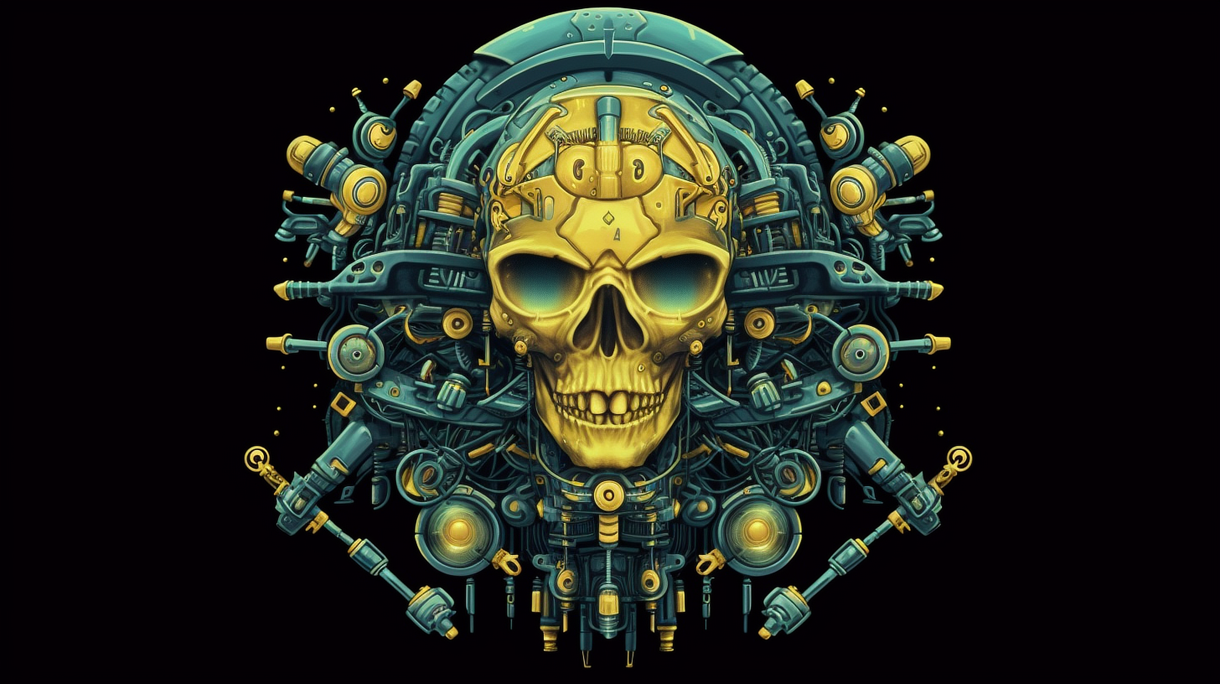 a skull with a yellow and blue design