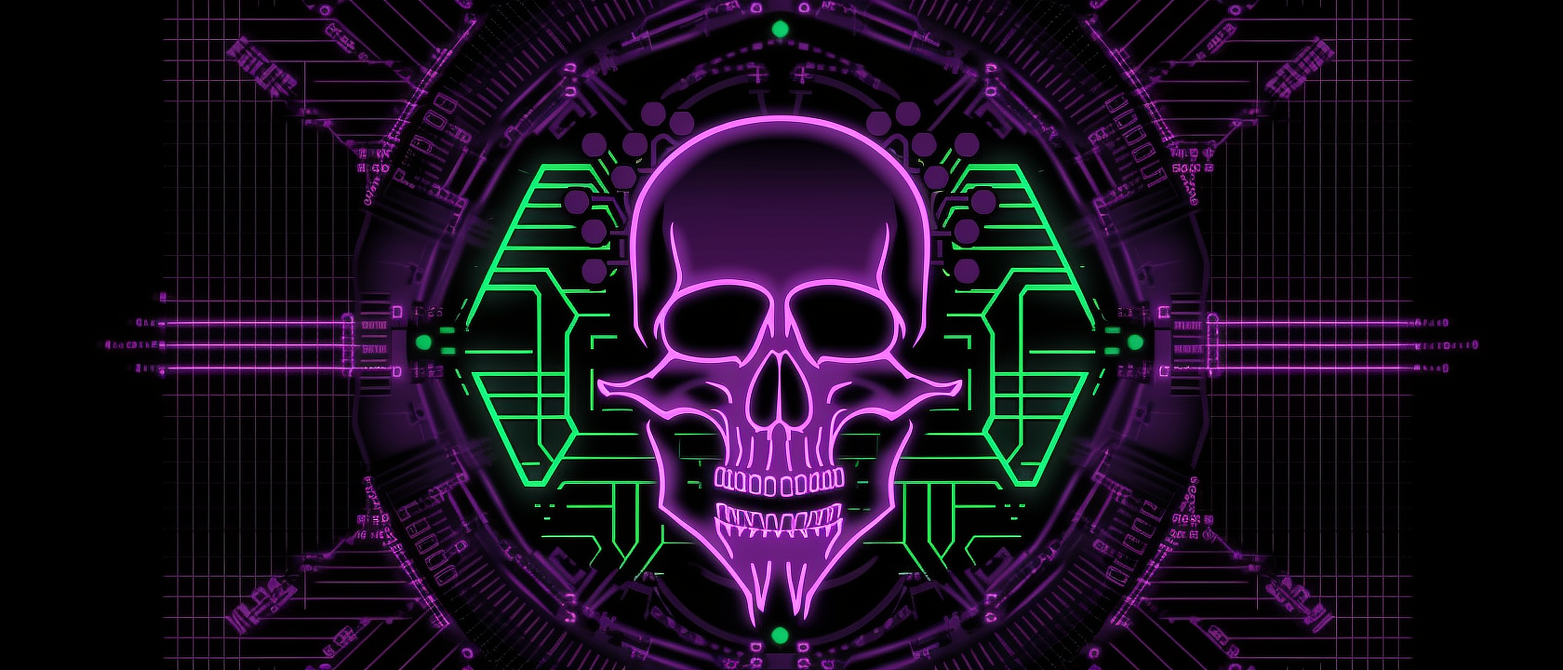 a purple and green neon skull