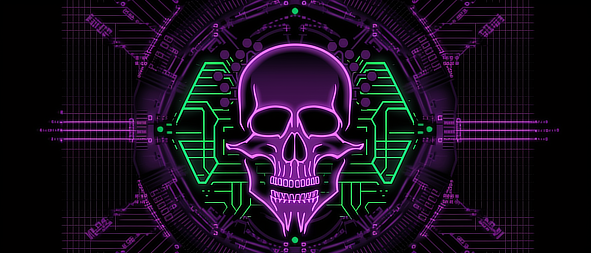 a purple and green neon skull