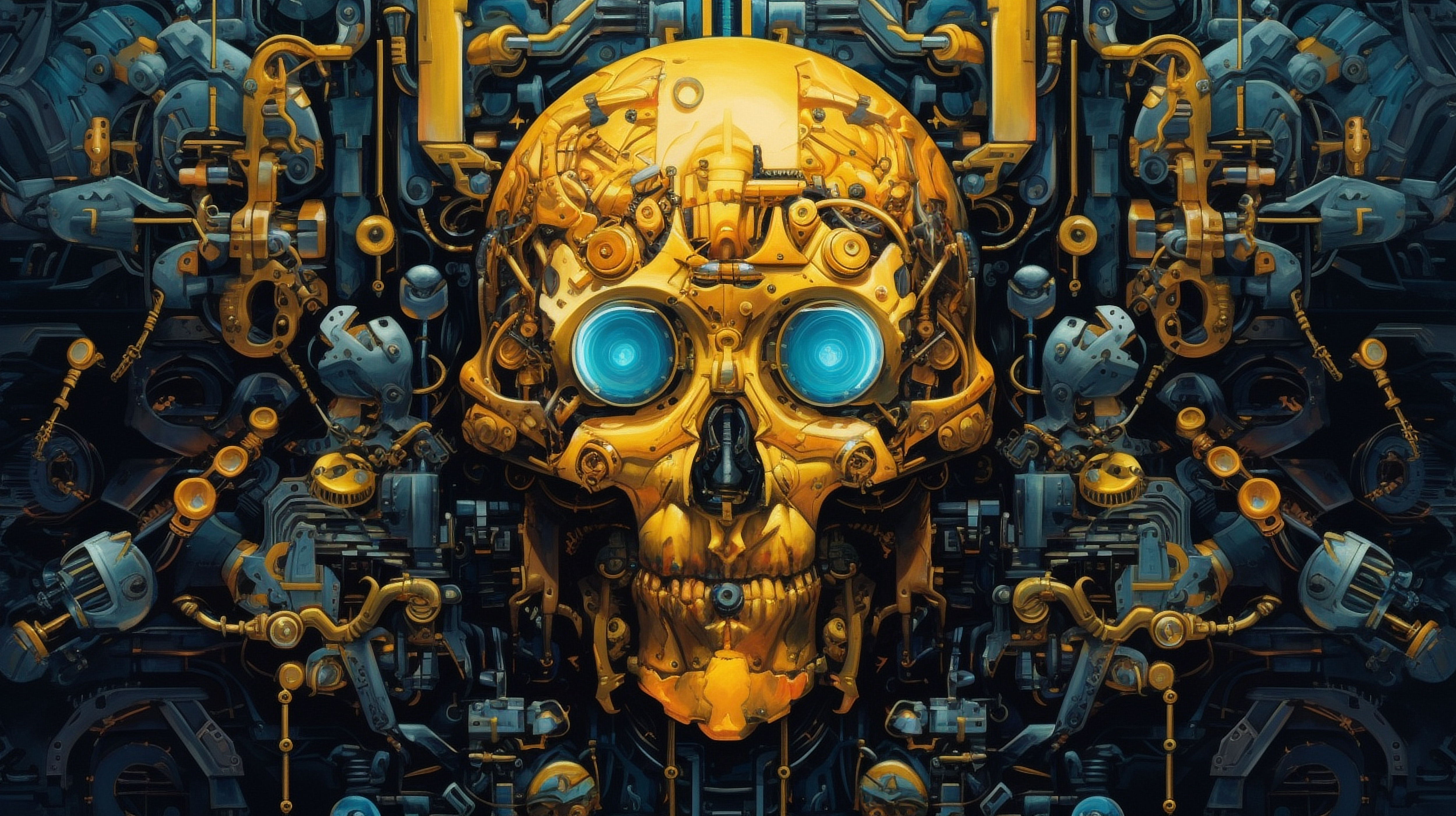 a skull made of metal and blue eyes