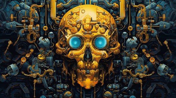 a skull made of metal and blue eyes