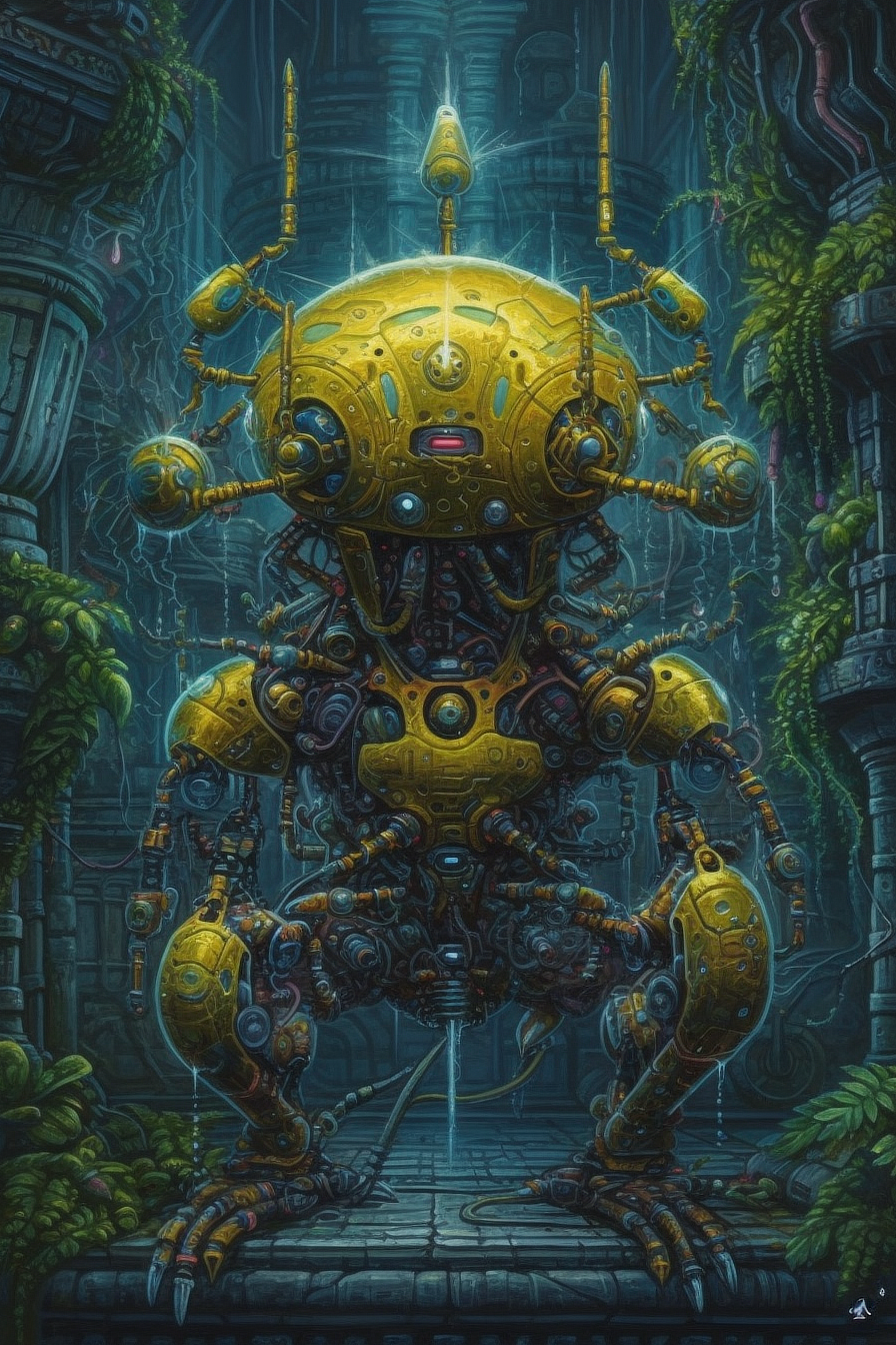 a yellow robot with many legs and a hole in the middle