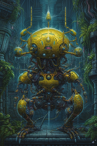 a yellow robot with many legs and a hole in the middle
