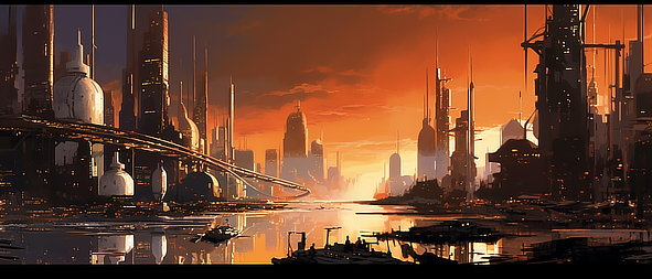 a city with a river and a sunset