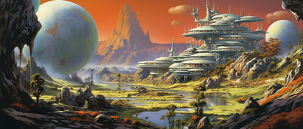 a landscape with a city and mountains