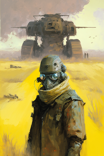 a man wearing a gas mask and a large military vehicle