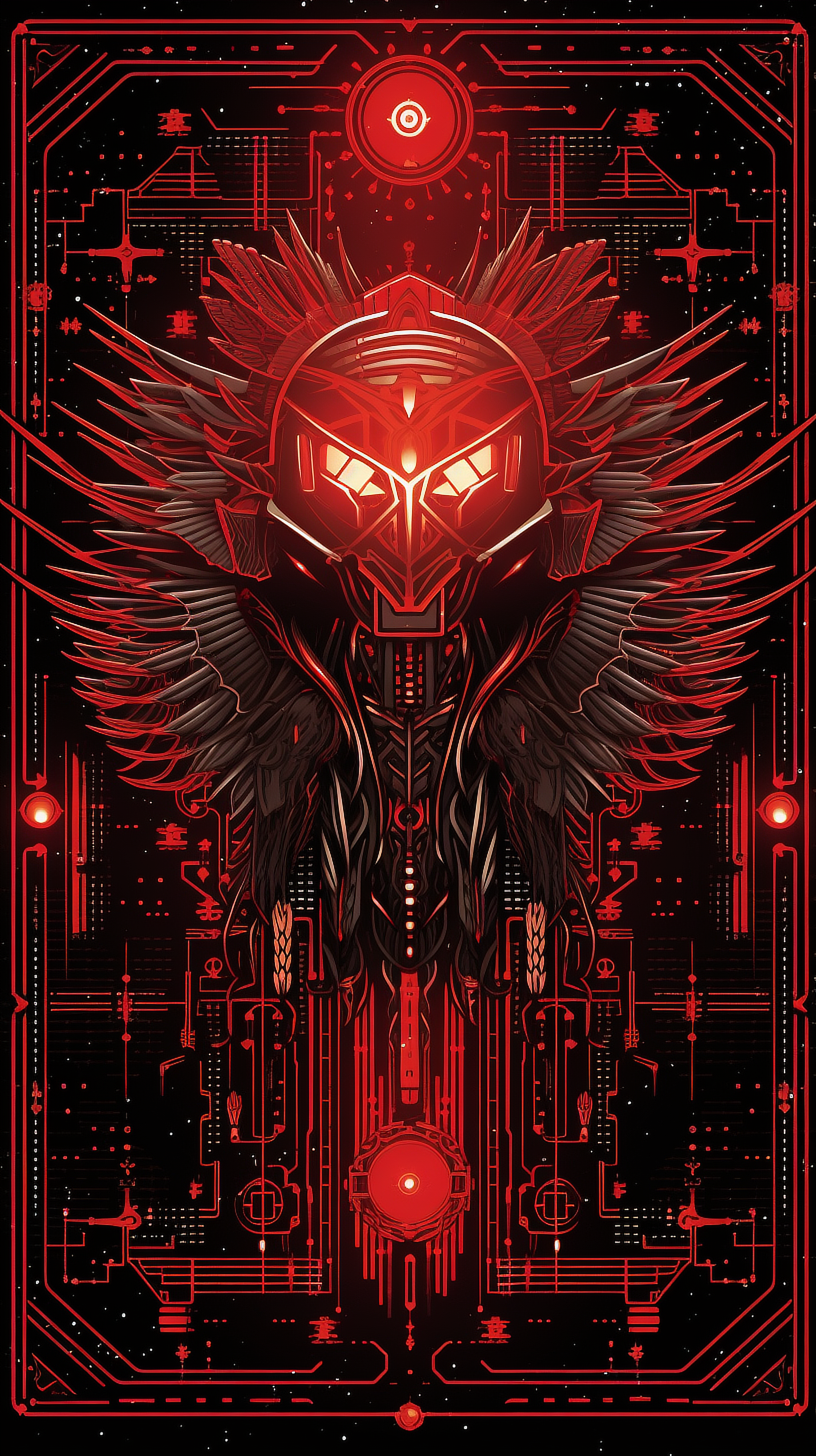 a red and black digital art of a robot