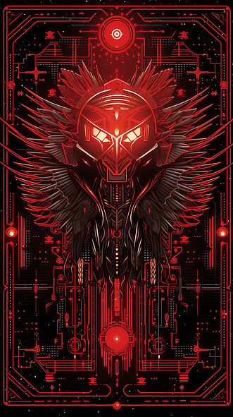 a red and black digital art of a robot
