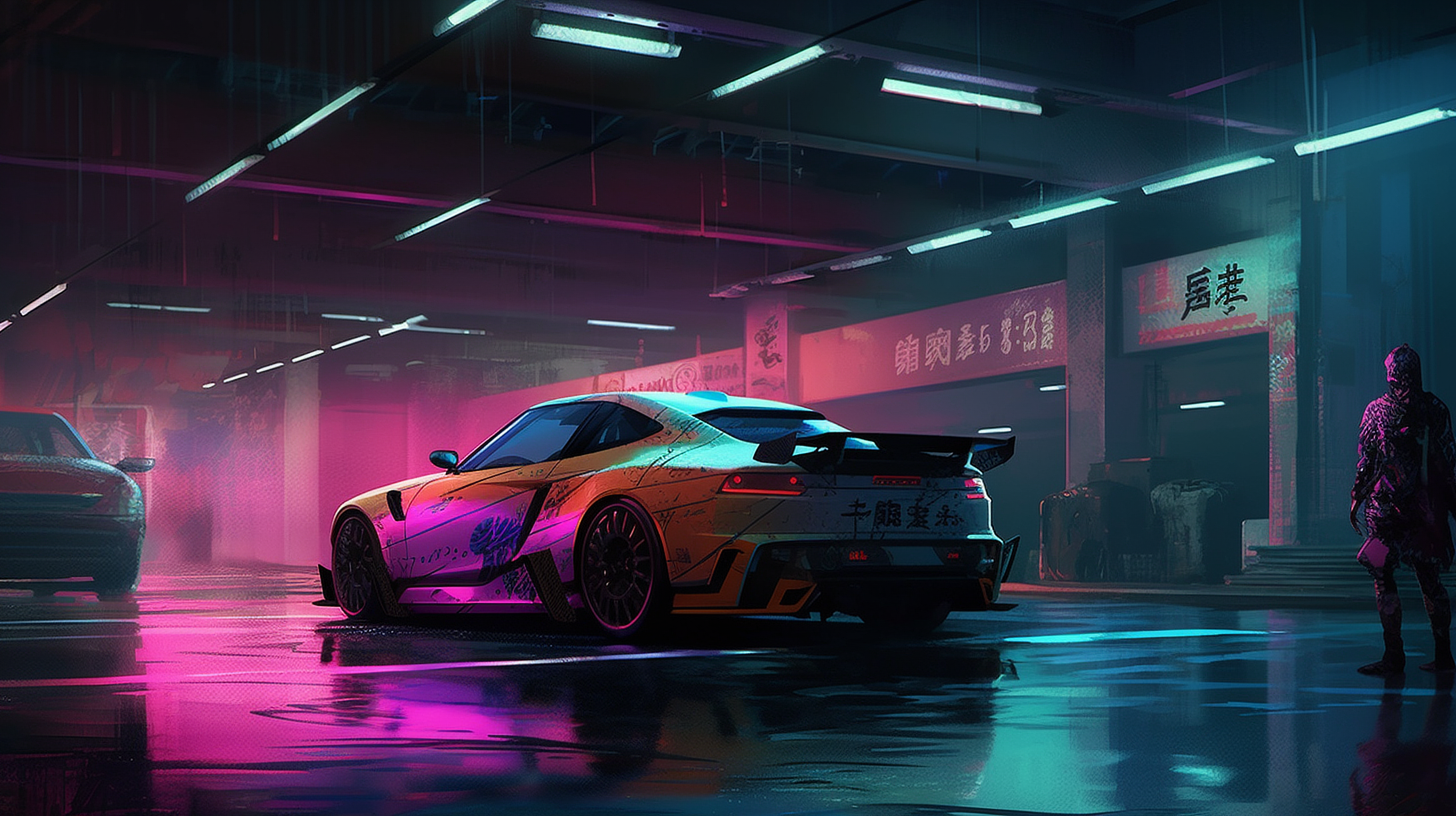 a sports car in a garage