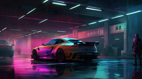 a sports car in a garage