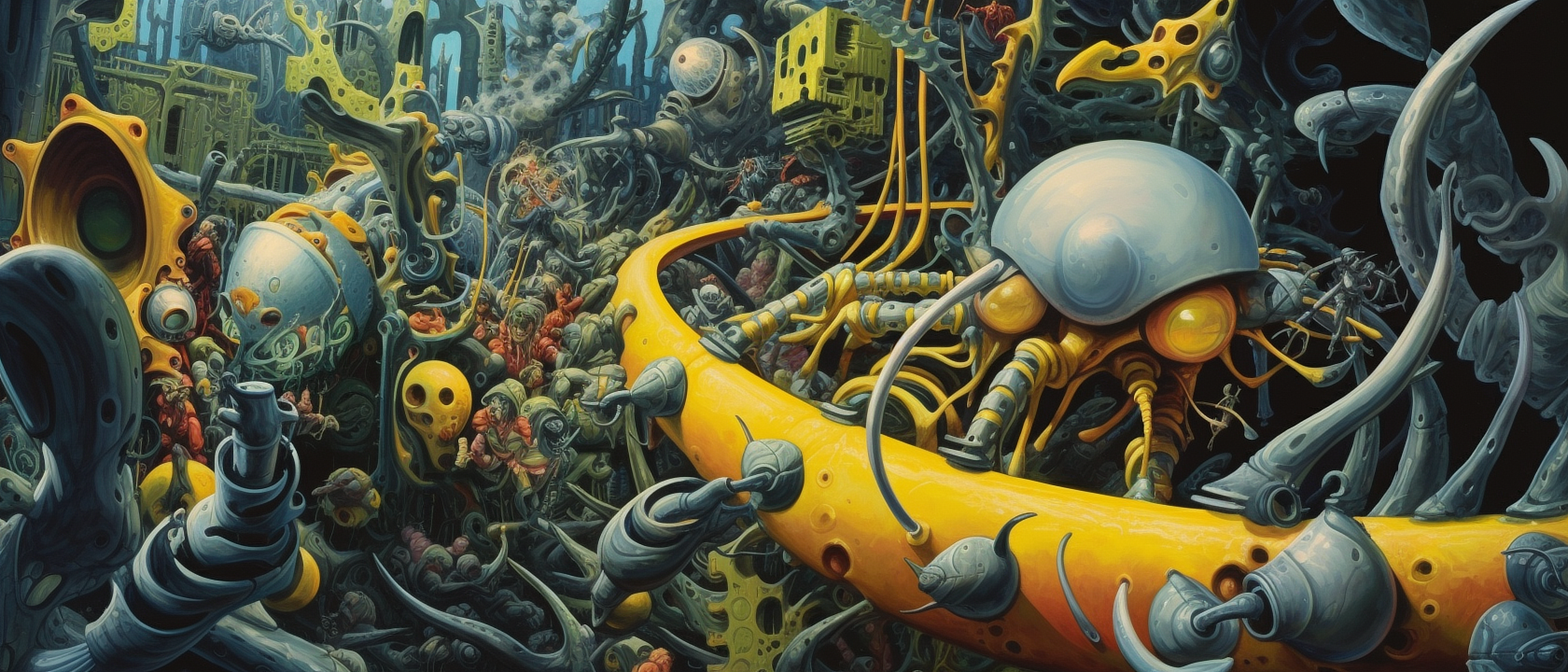 a yellow and silver robot with many wires