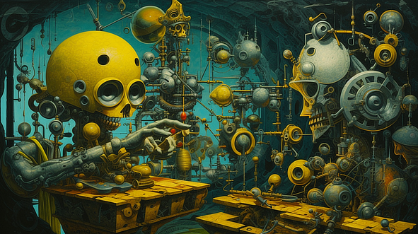 a artwork of a robot working in a room with skulls