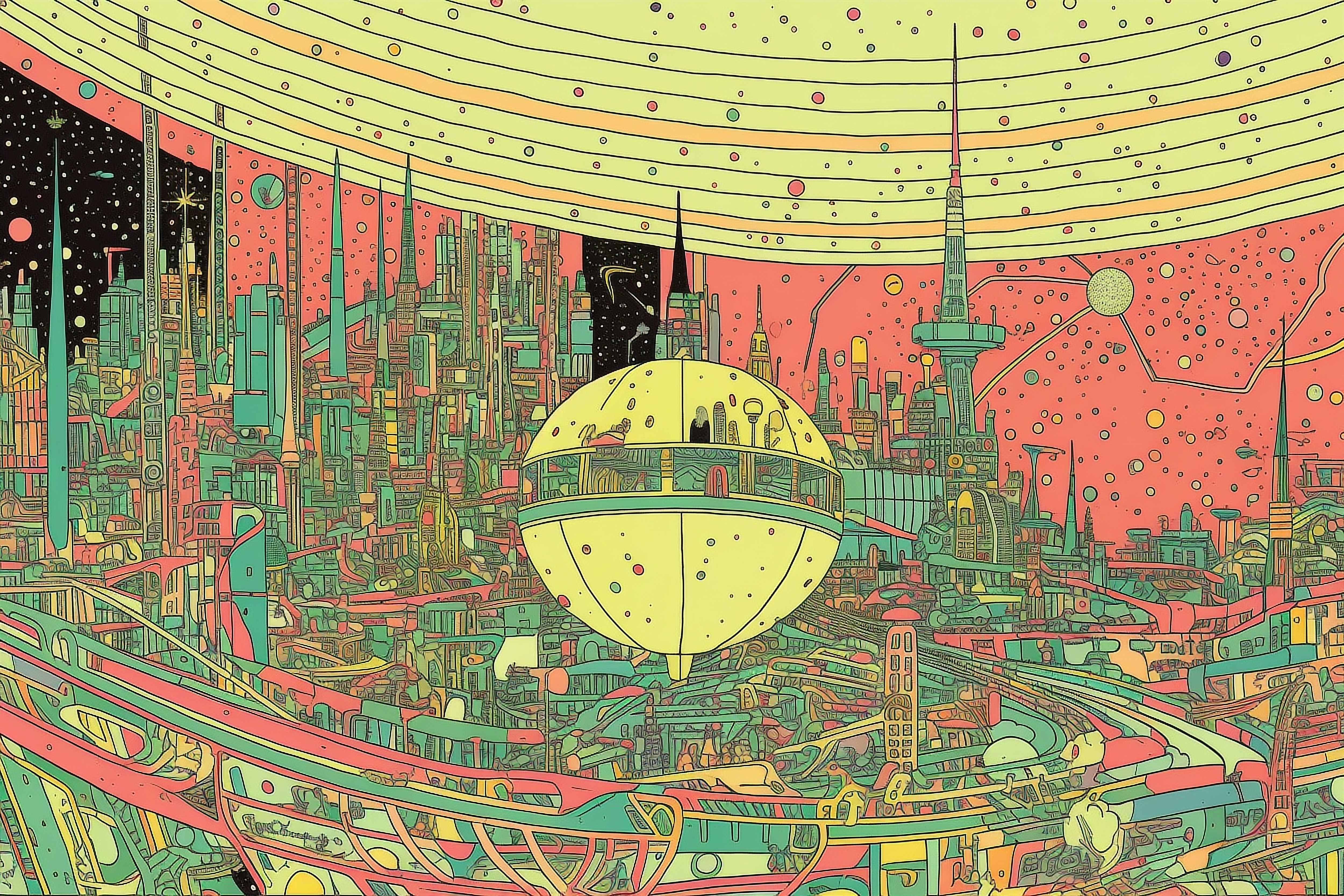 a colorful city with a round object