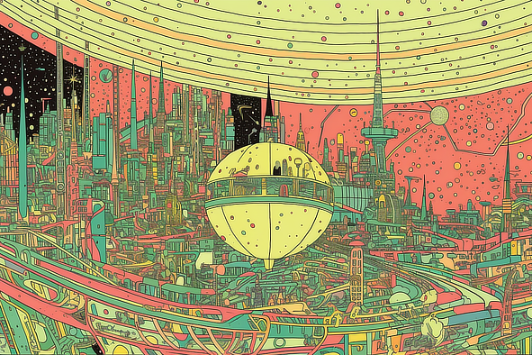 a colorful city with a round object