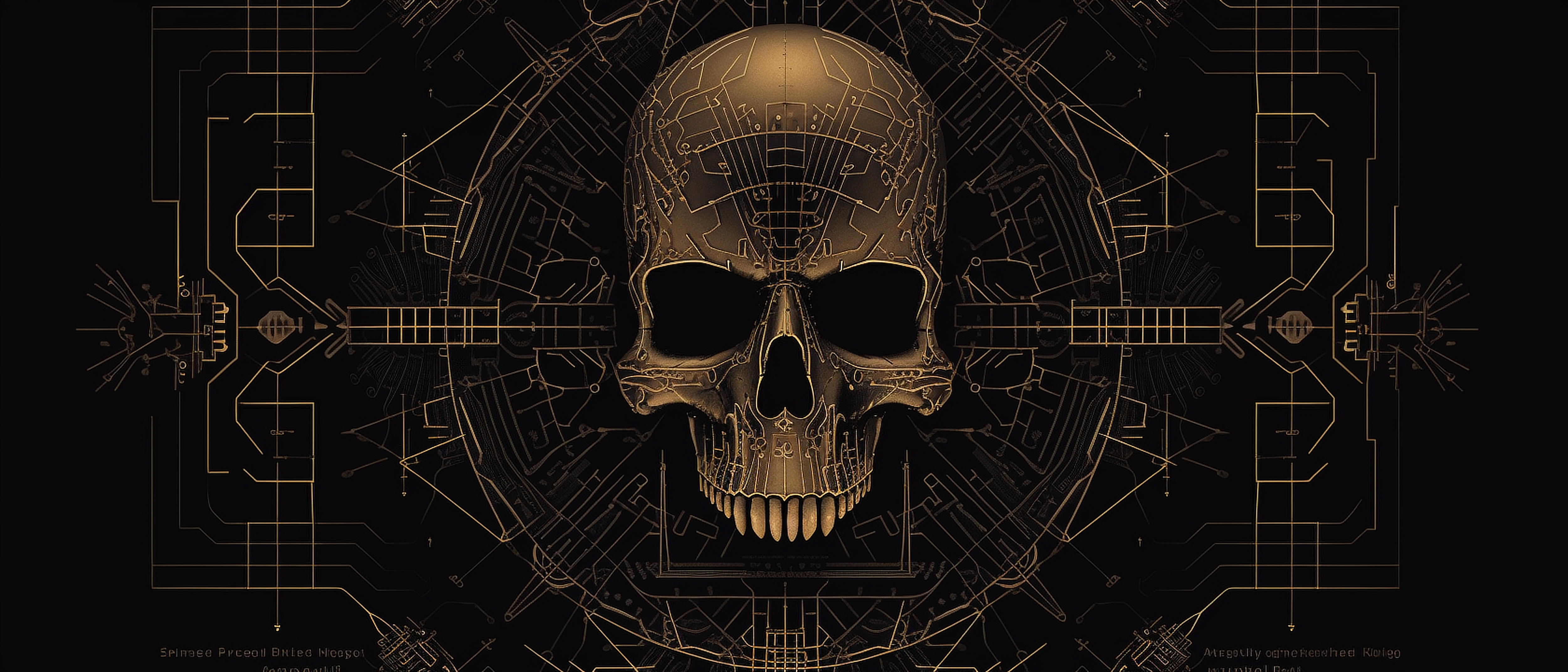 a skull with circuit board and lines