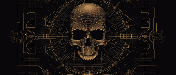 a skull with circuit board and lines