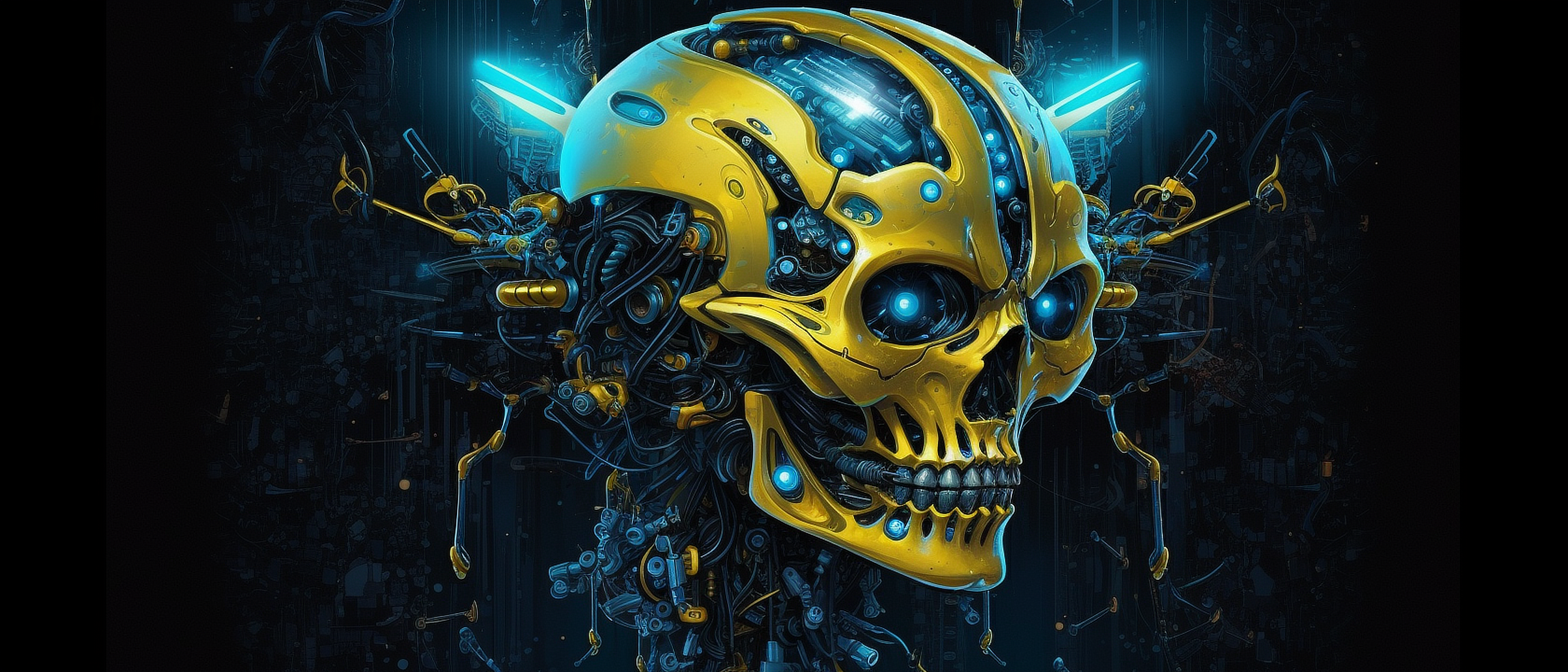 a robot head with a yellow skull and blue lights