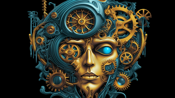 a art of a face with gears and blue eyes