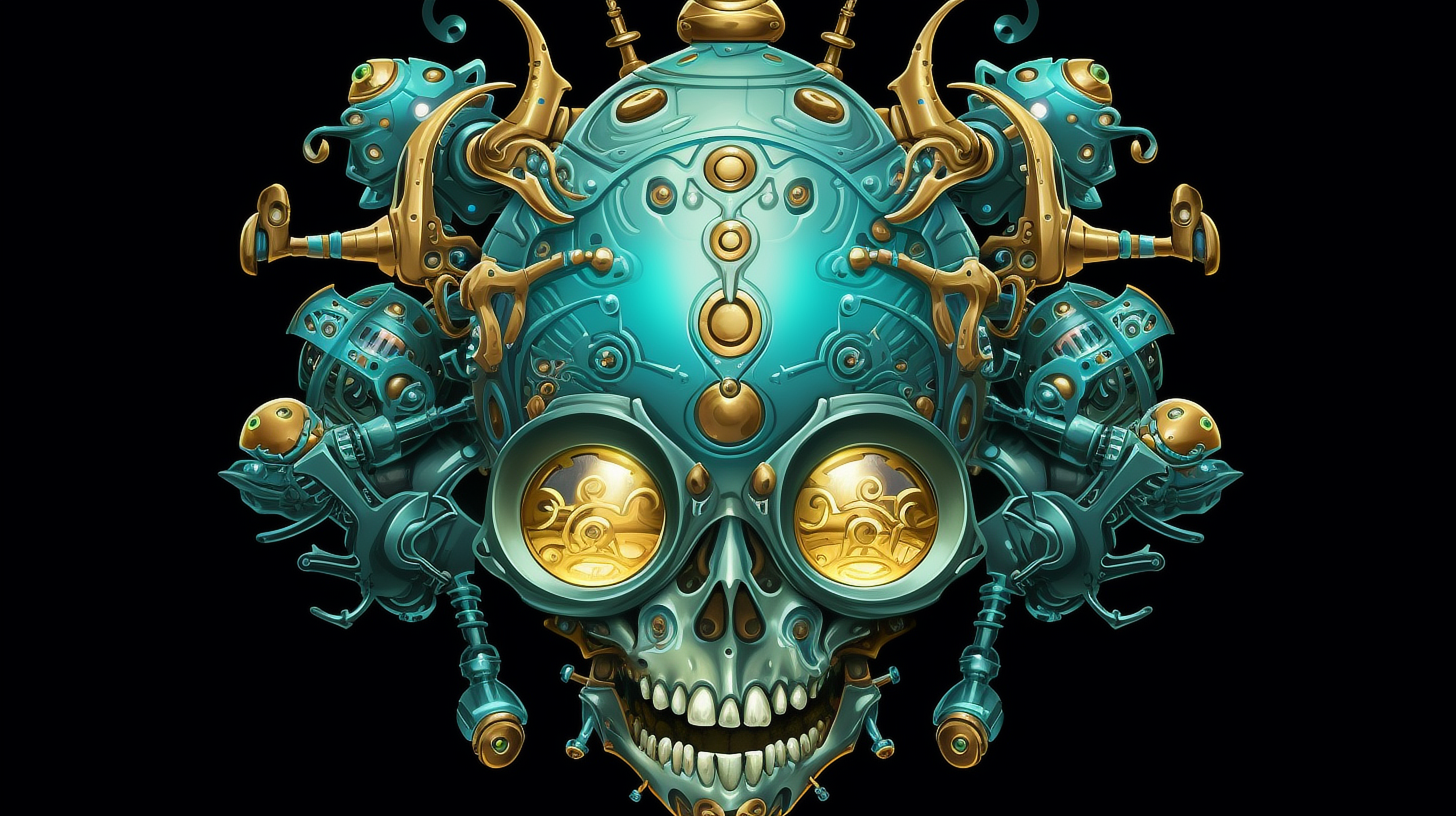 a skull with gold and blue metal objects