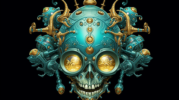 a skull with gold and blue metal objects
