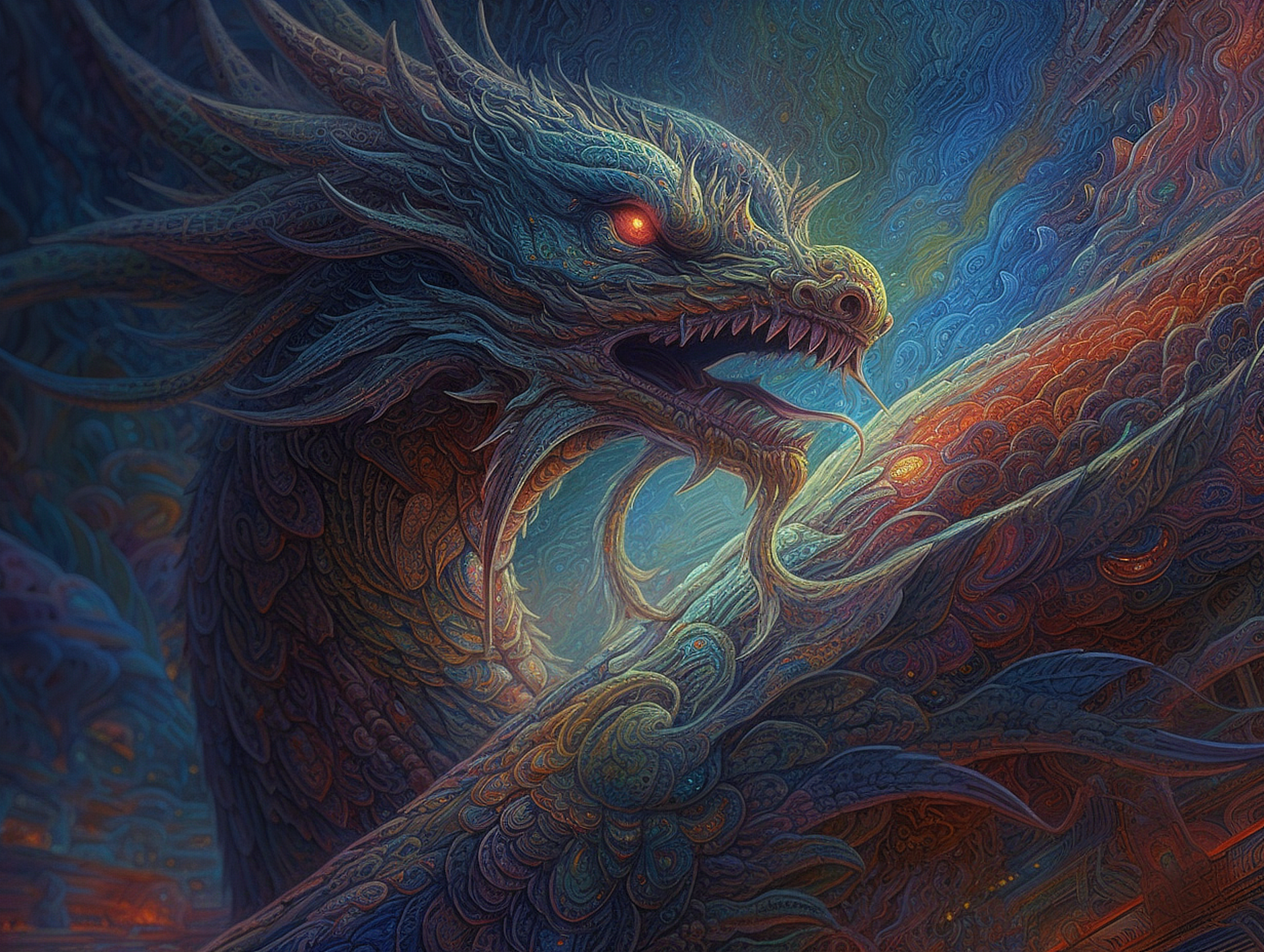 a blue dragon with red eyes