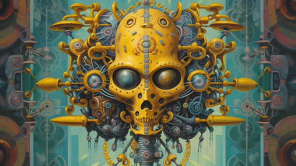 a yellow skull with many metal parts