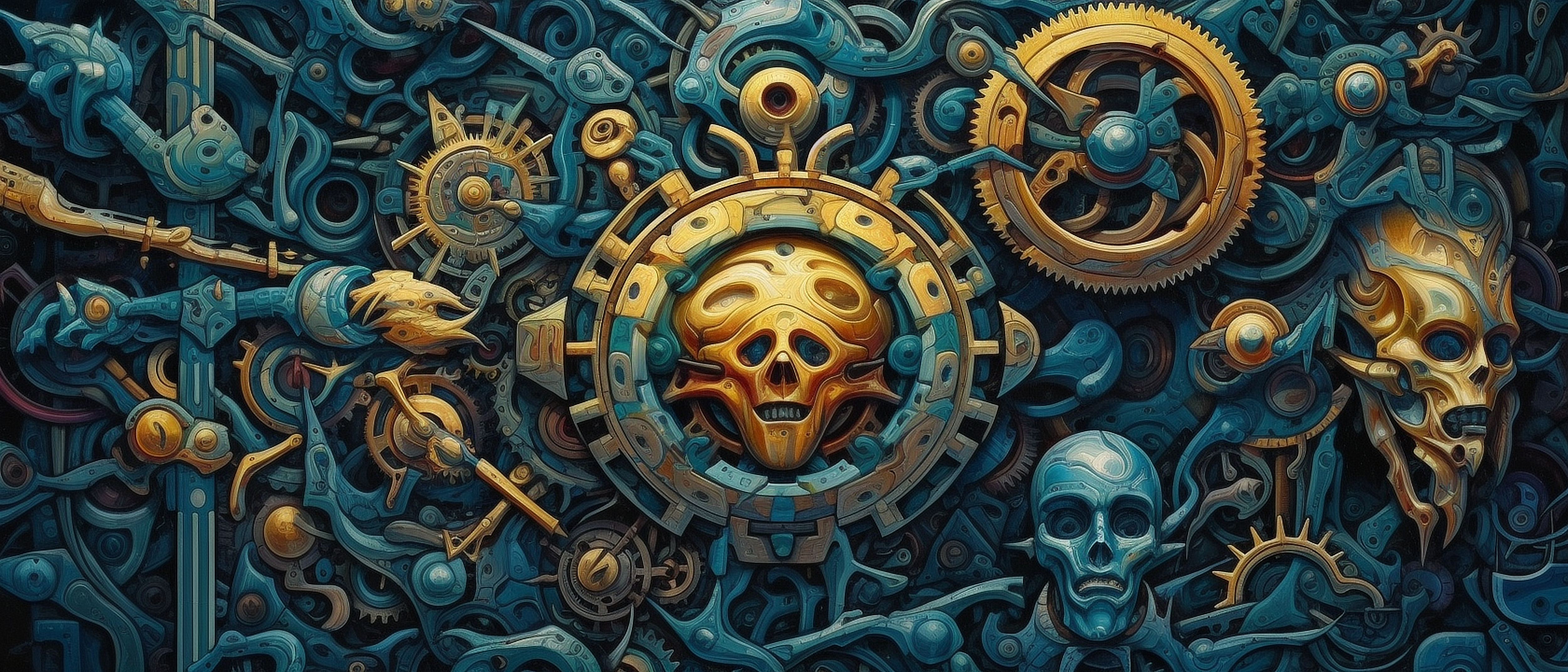 a gold and blue metal art