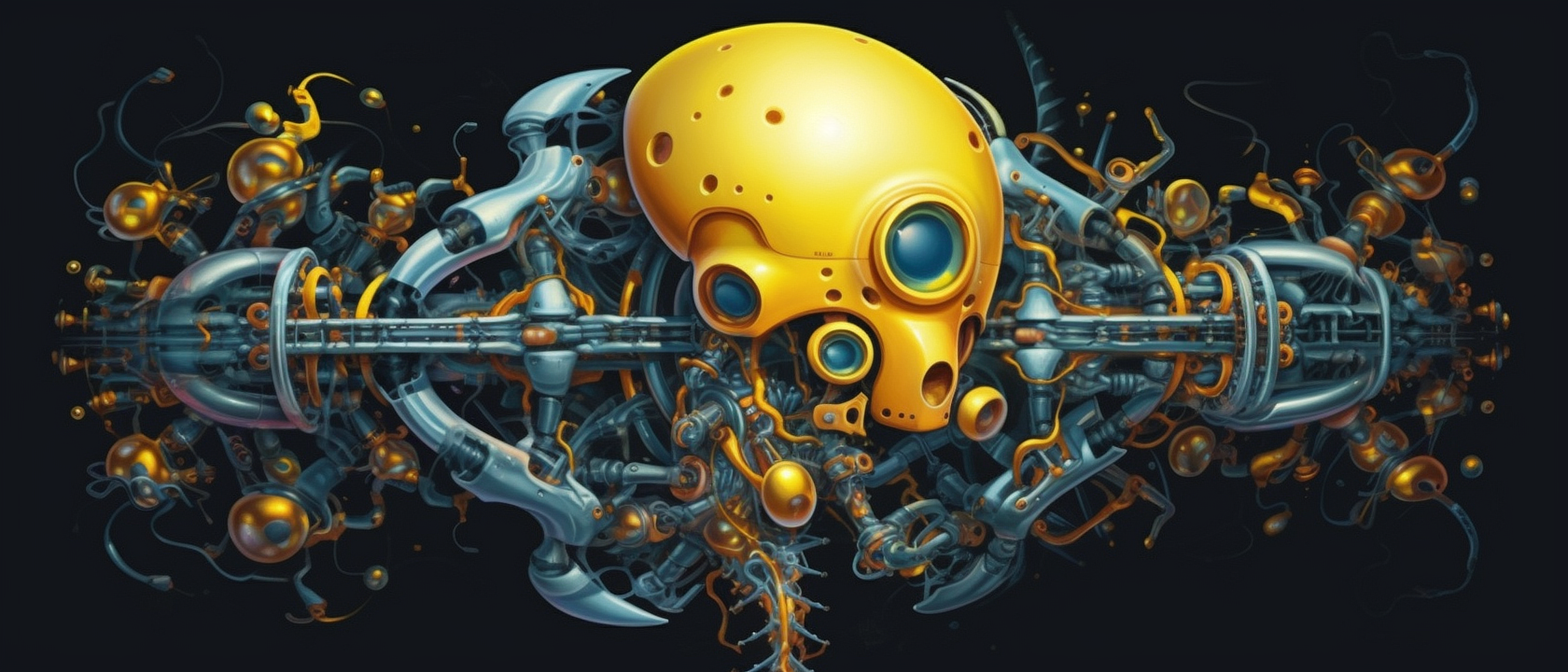 a yellow robot with many metal parts