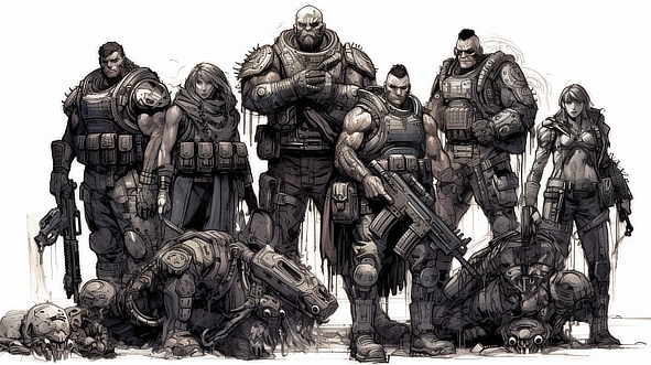 a group of people in armor with The Burghers of Calais in the background