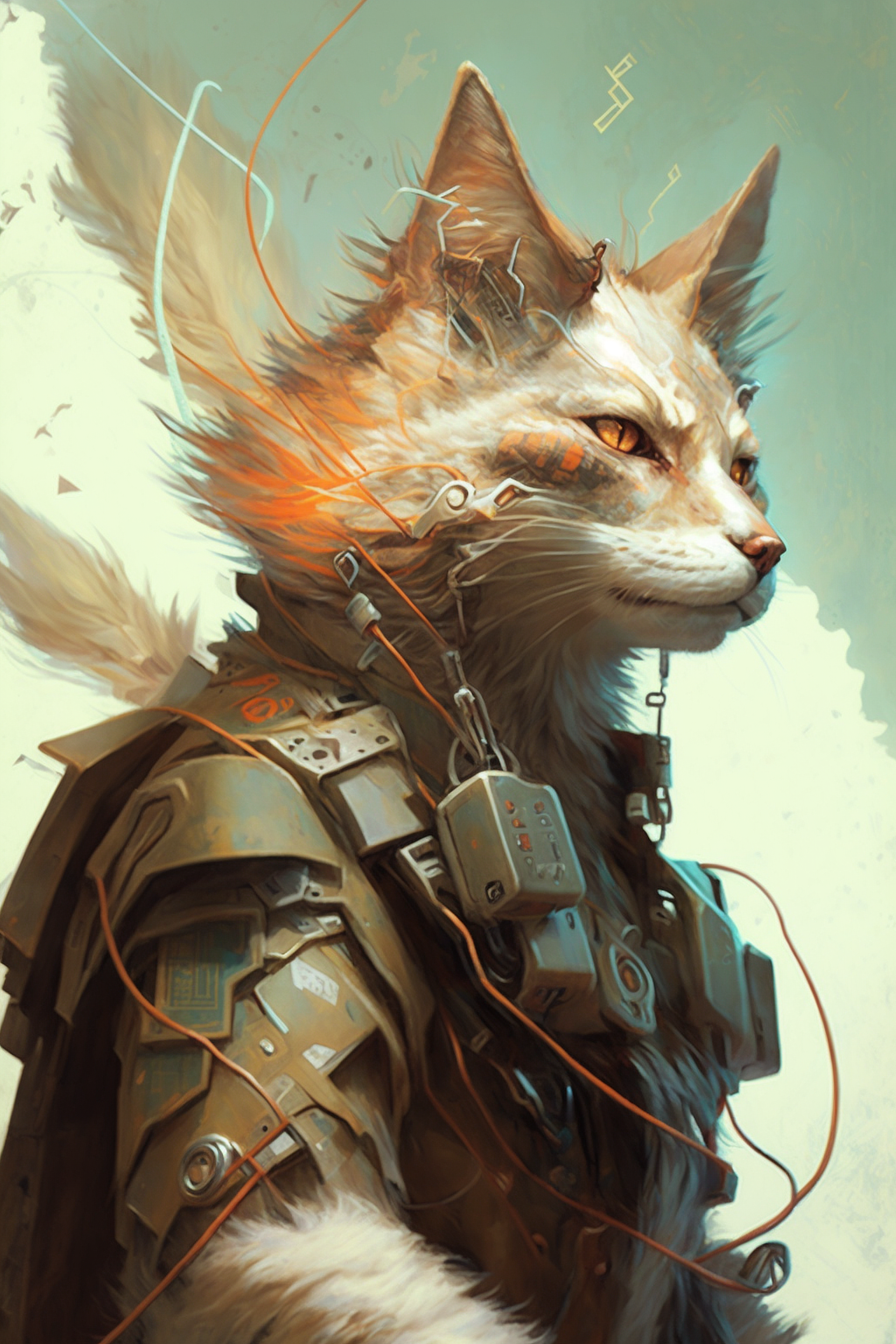 a cat in armor with wires and wires
