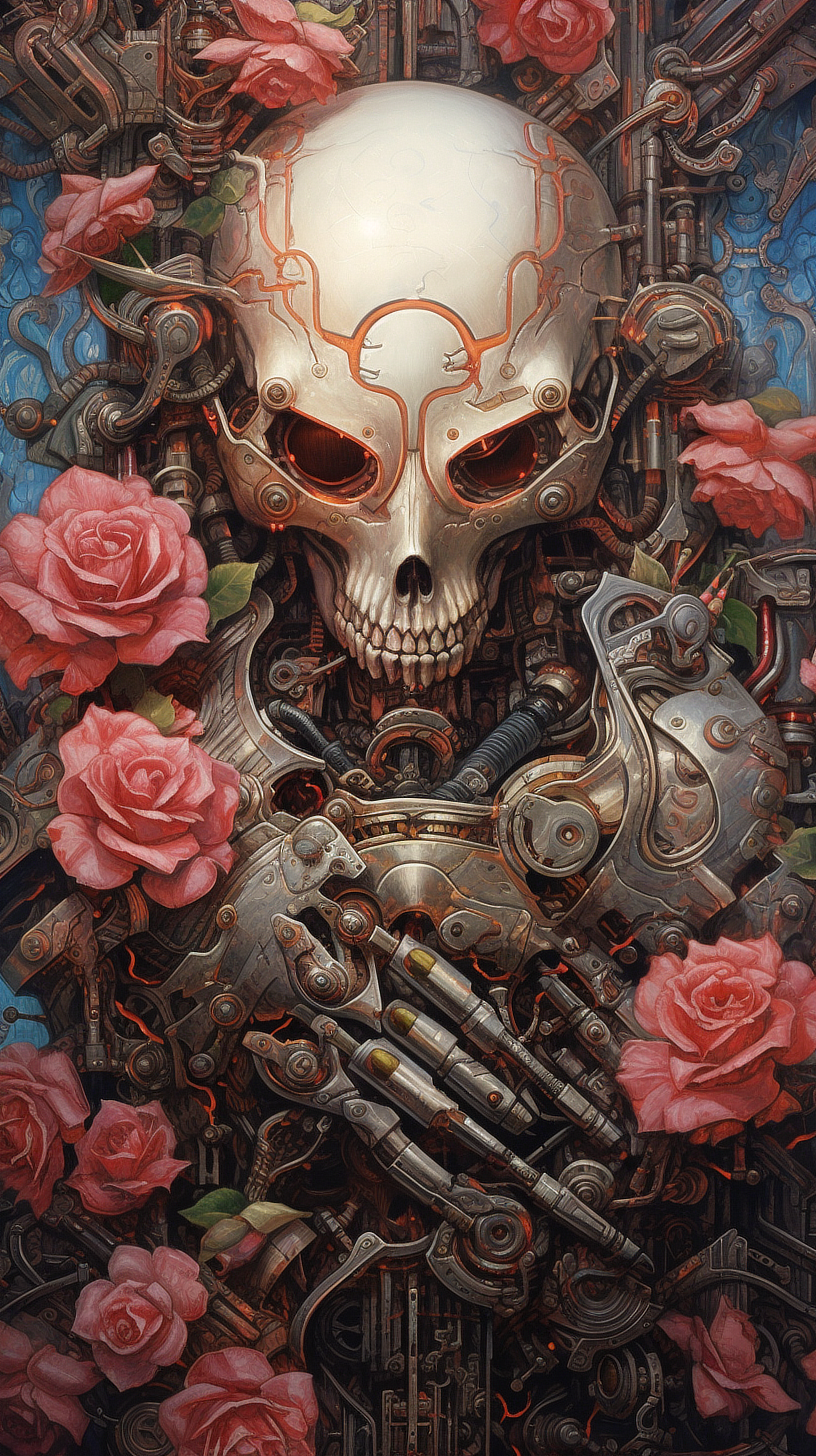 a robot with roses and a skull