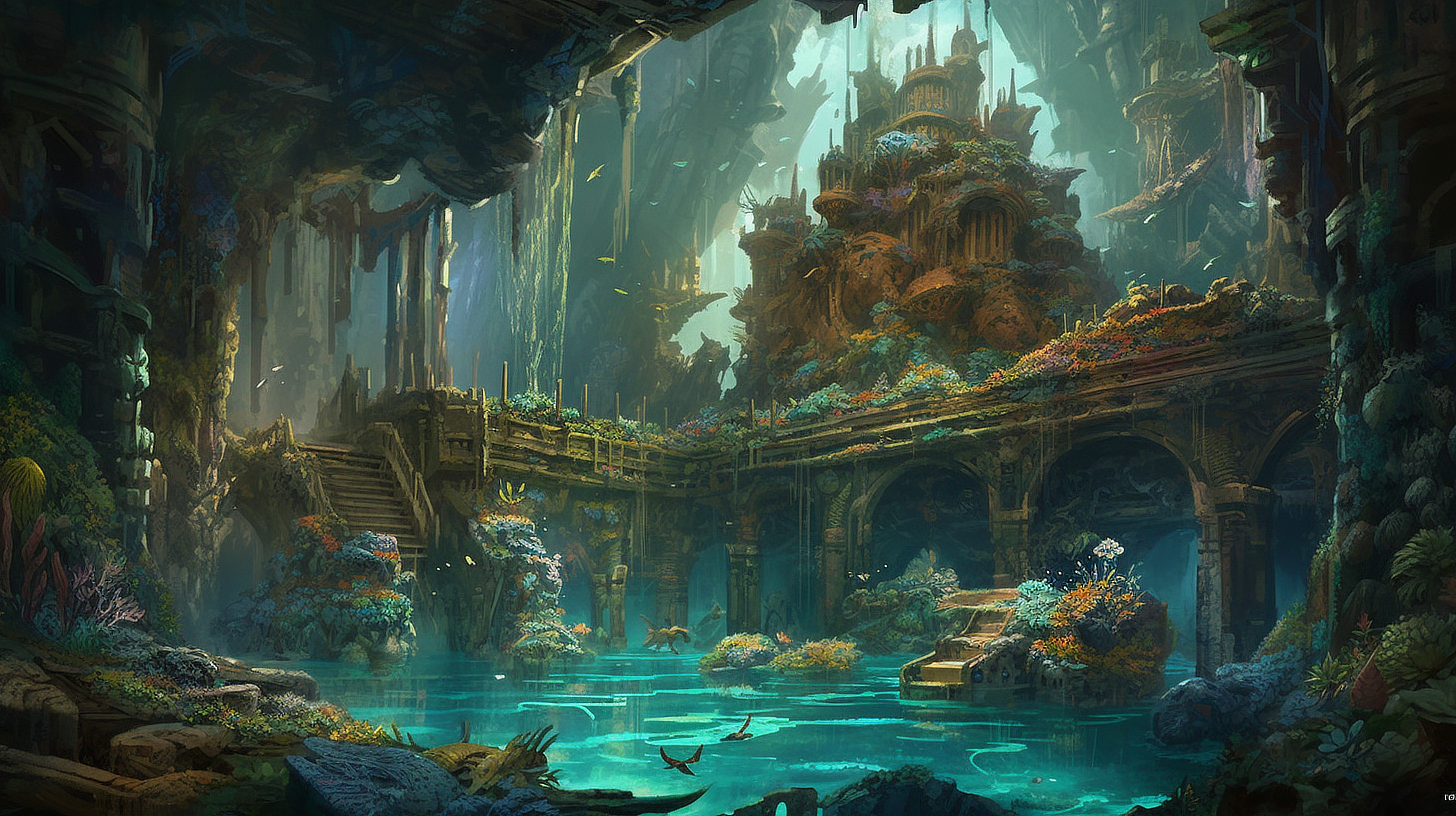 a underwater cave with a pool of water and plants