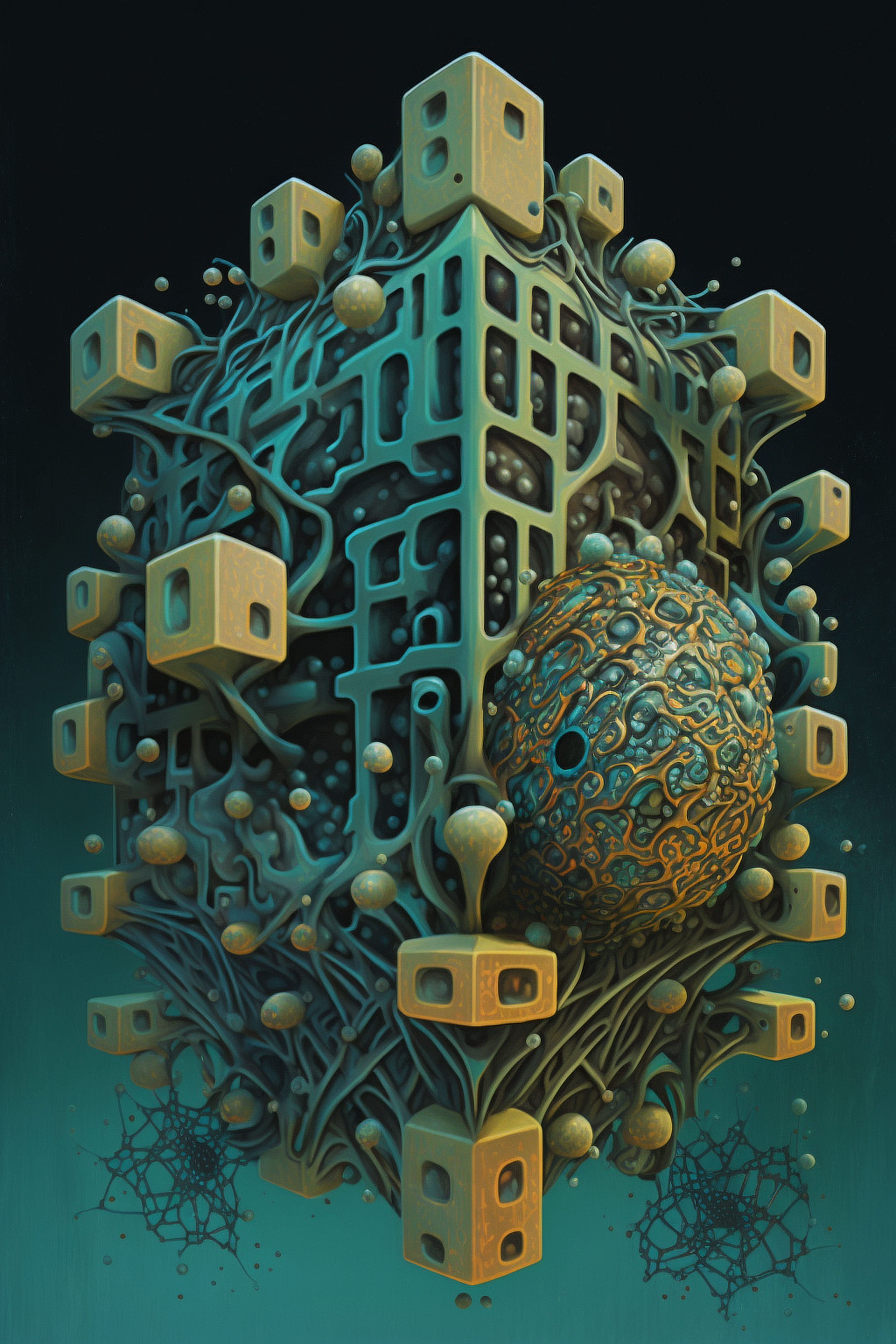 a artwork of a structure with many squares and a ball