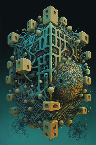 a artwork of a structure with many squares and a ball