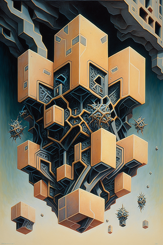 a artwork of a structure with many squares and a blue sky