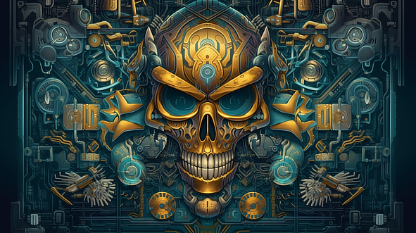 a skull with a blue and gold design