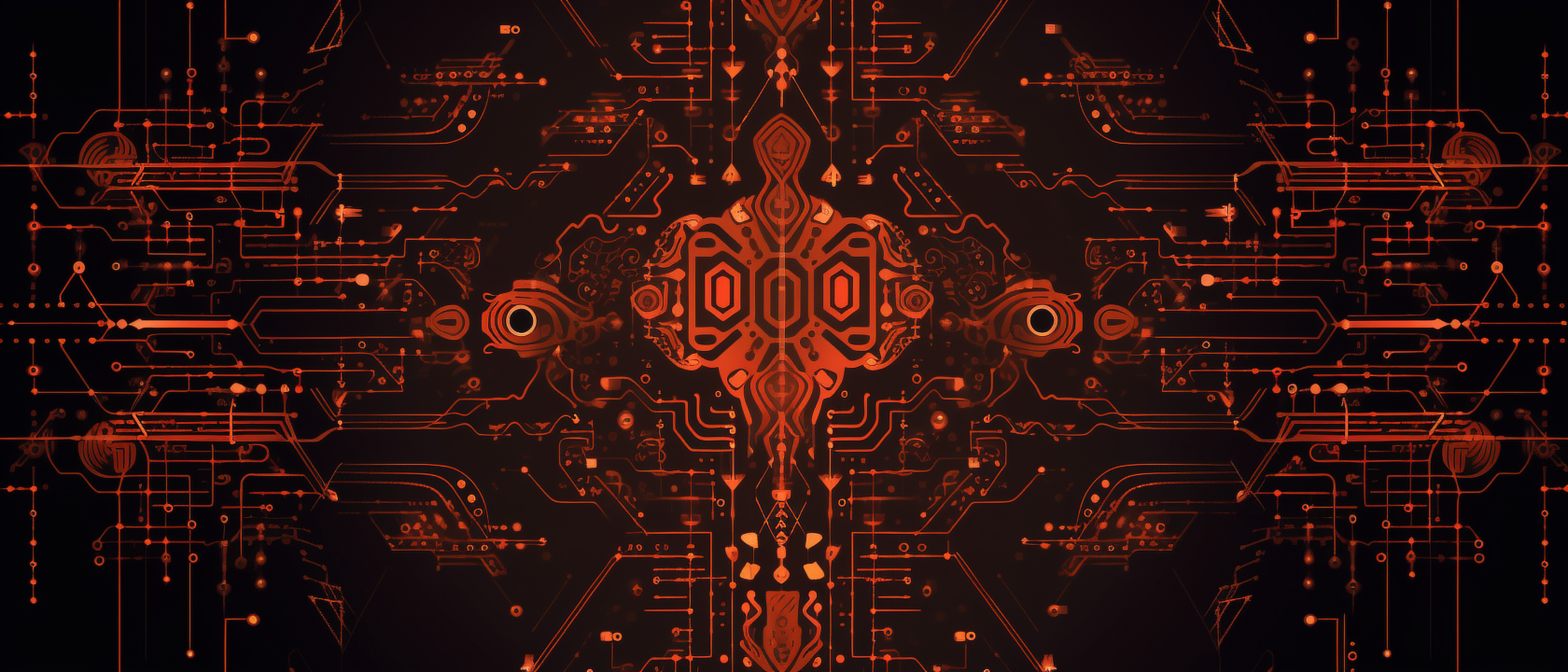 a red and black background with many lines and symbols