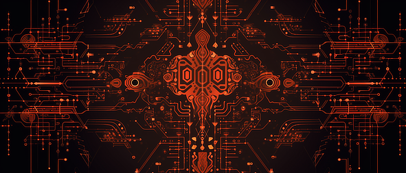 a red and black background with many lines and symbols