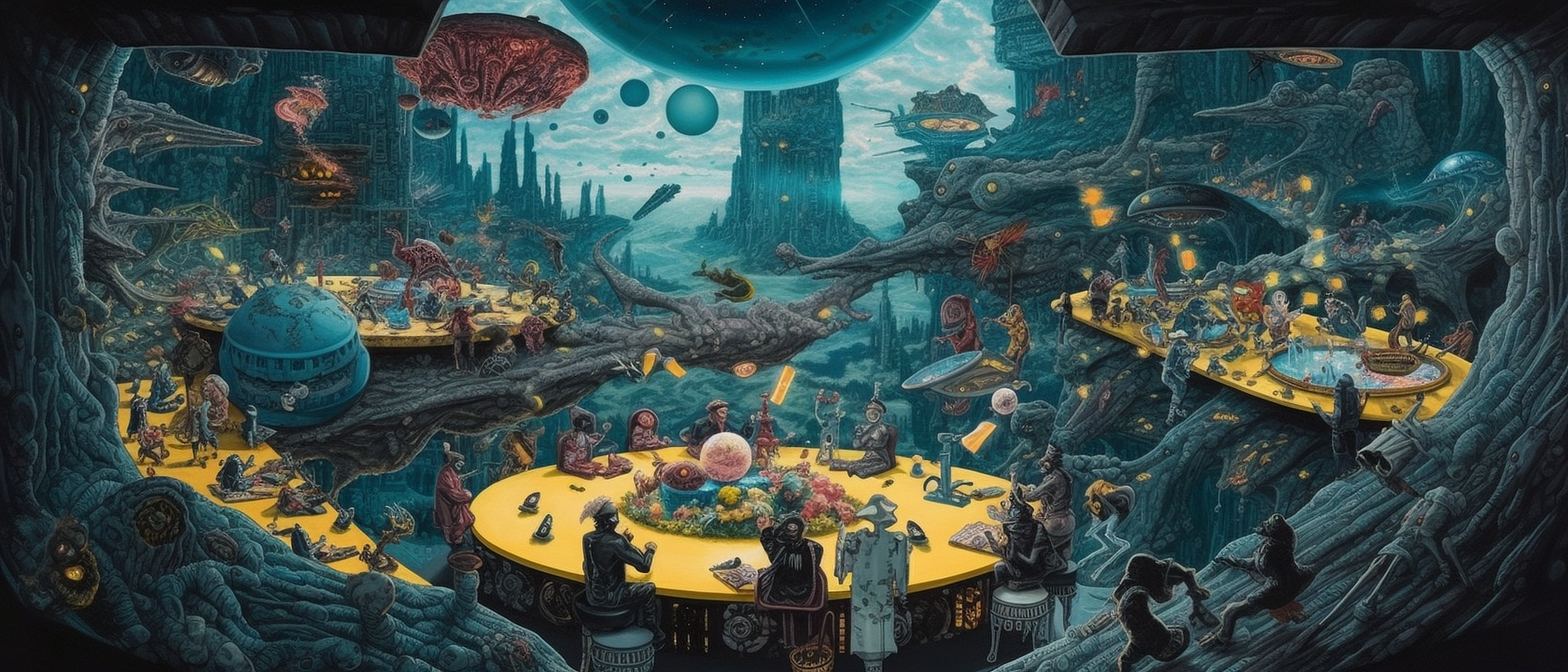 a painting of a group of people sitting at a table